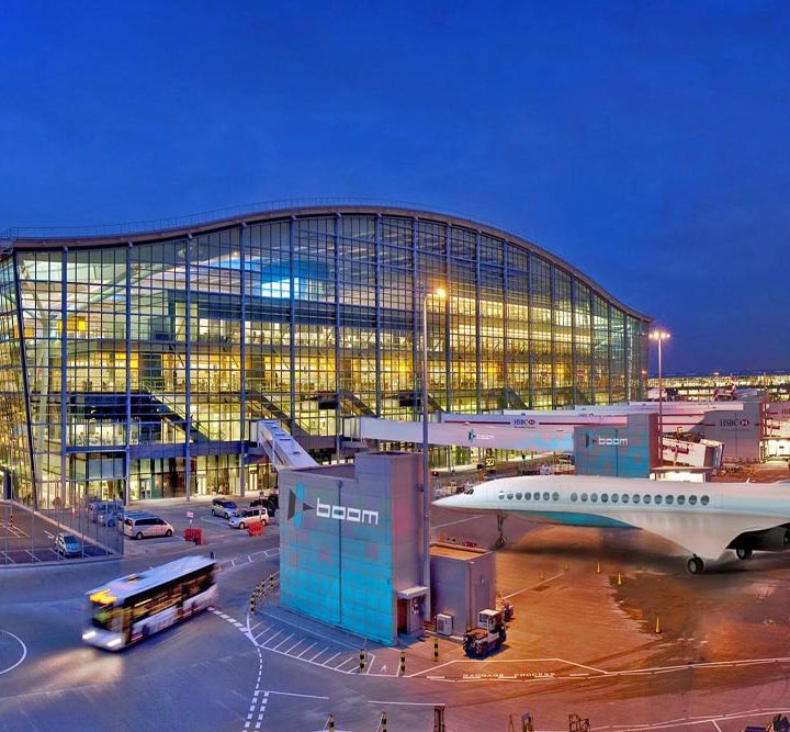 An artist rendition of the Boom jet at Heathrow Airport