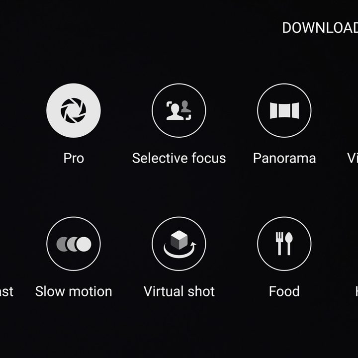 The Galaxy S7 and S7 Edge menu with Pro mode selected.
