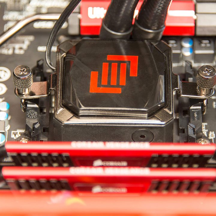 A liquid cooler installed on a CPU.