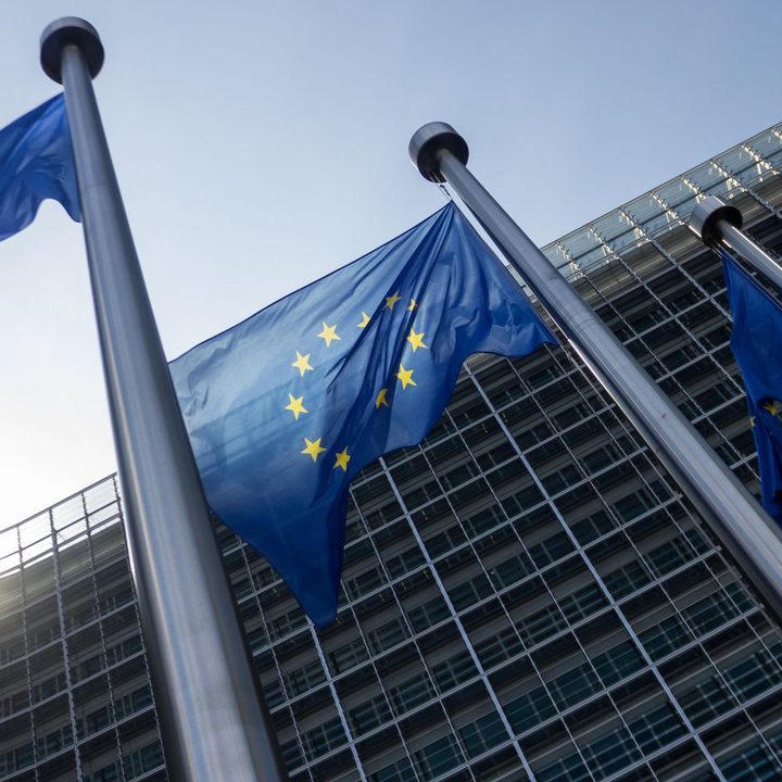 Flags wave outside the European Union.