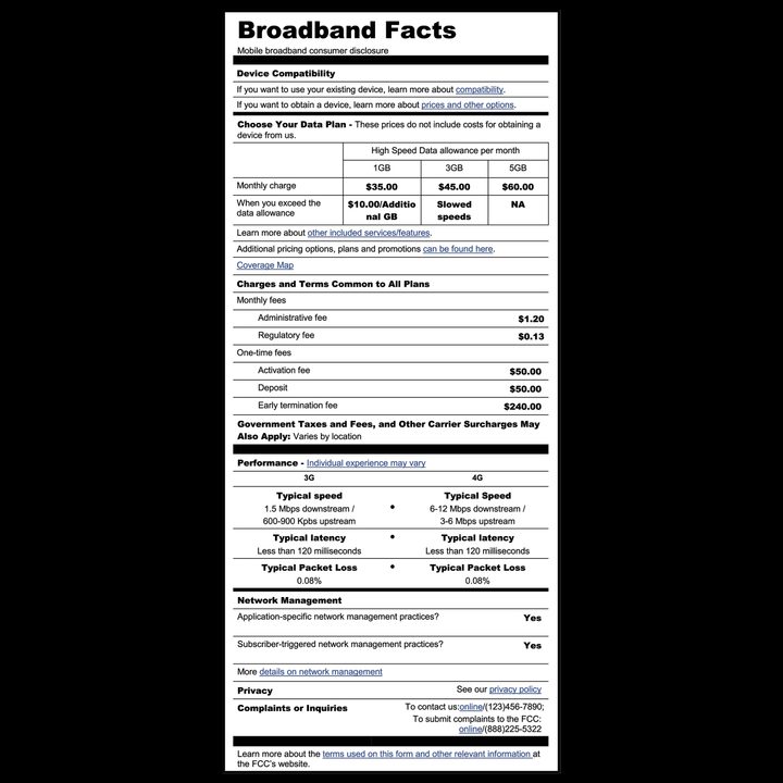 fcc suggests nutrition labels broadband carriers mobile consumer label sample 2
