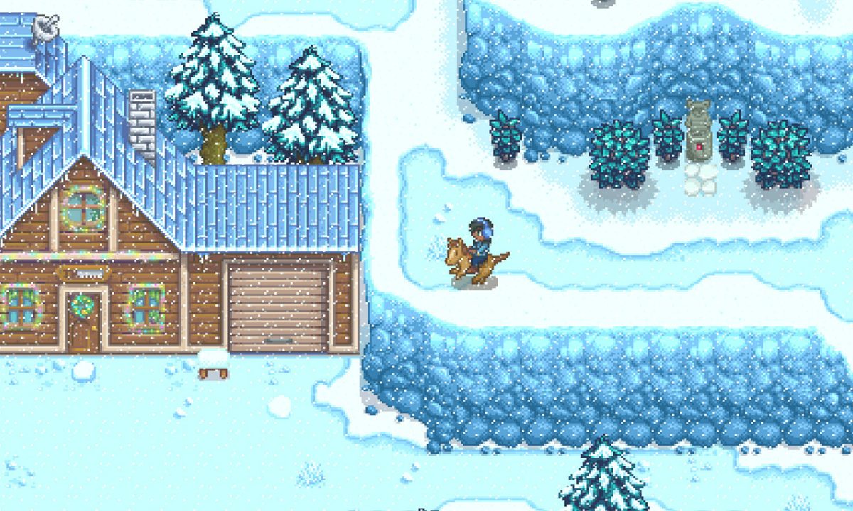 A farmer in the winter in Stardew Valley.
