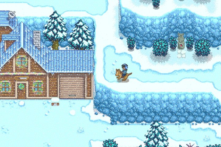 A farmer in the winter in Stardew Valley.