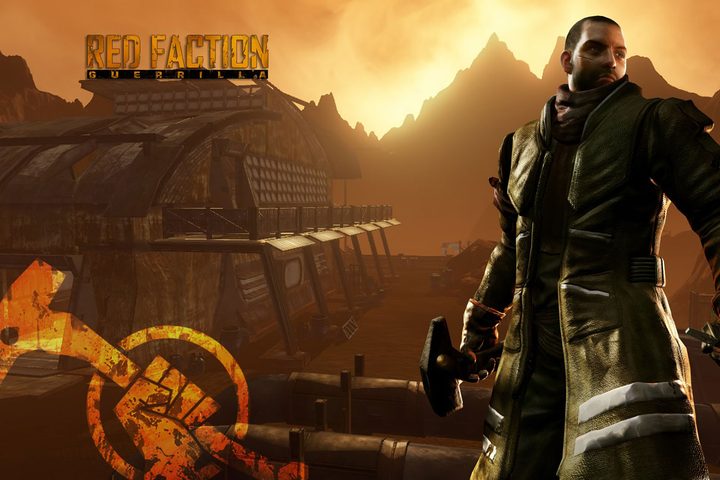 A Red Factioncharacter standing in the foreground holding a gun with a building in the background.