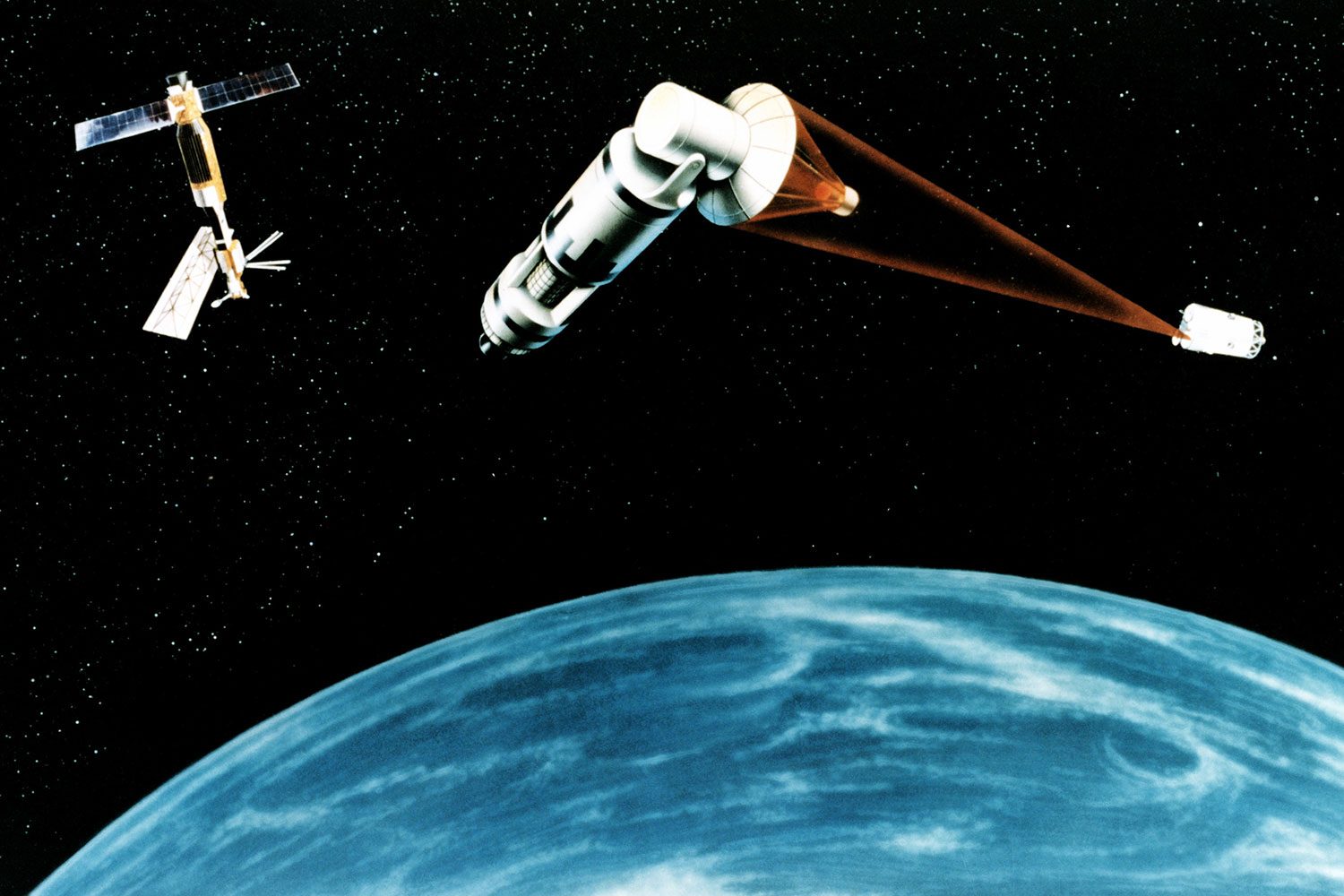 weaponized satellites and the cold war in space 1984 artist s concept of a generic laser equipped satellite firing on another