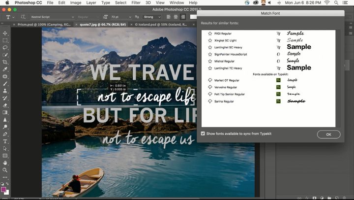 The new Match Font feature can identify the font used in a flat image, and suggest related fonts.