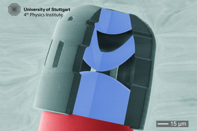 Complex triplet lens by femtosecond 3D printing on a single mode optical fiber.