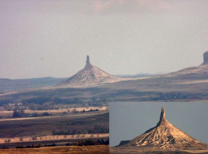 A photo of Chimney Rock captured at 20 miles with the 1000mm lens and also at 7 miles distance (insert)