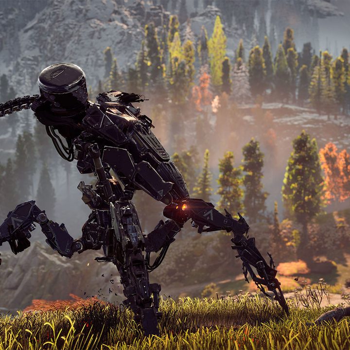 Aloy sliding toward a black robot.