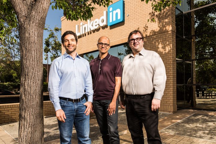 (From left to right) Jeff Weiner, Satya Nadella, and Reid Hoffman.