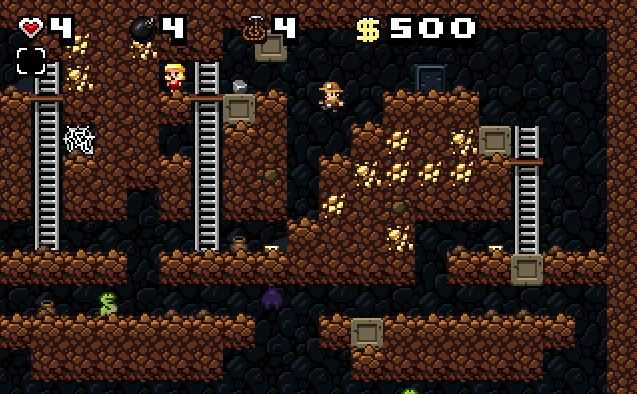 Spelunky player jumping over a gap.