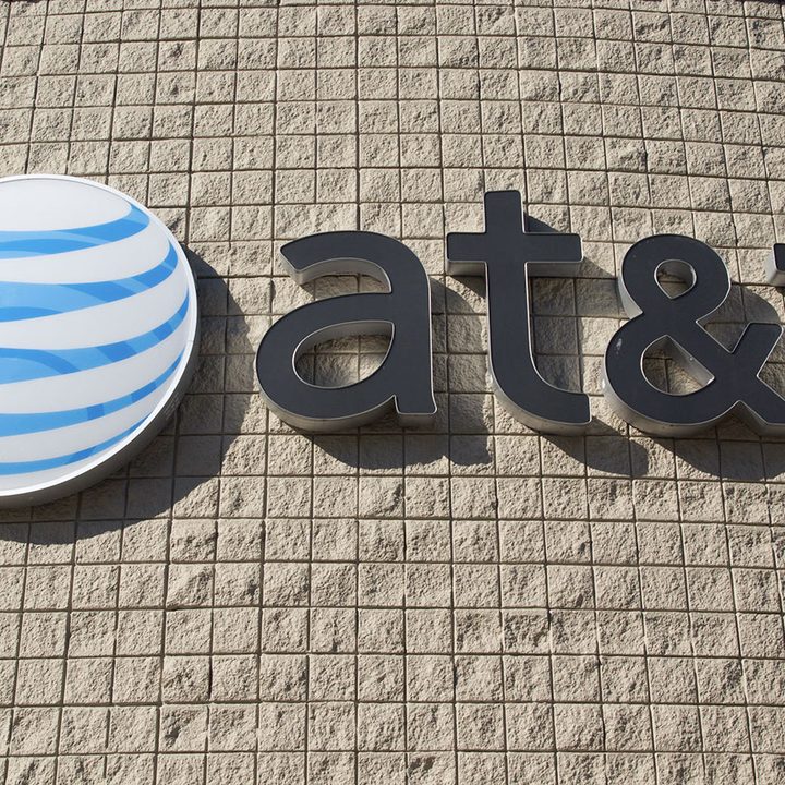 The AT&T logo on a wall.