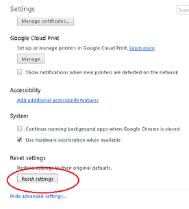 Chrome Reset Settings