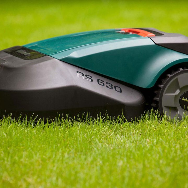 The Robomow RS630 on a lawn.