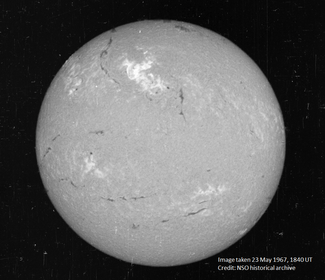 An image of the Sun from MAy 23, 1967 depicts the region of the largest solar at the bright spot near the top.