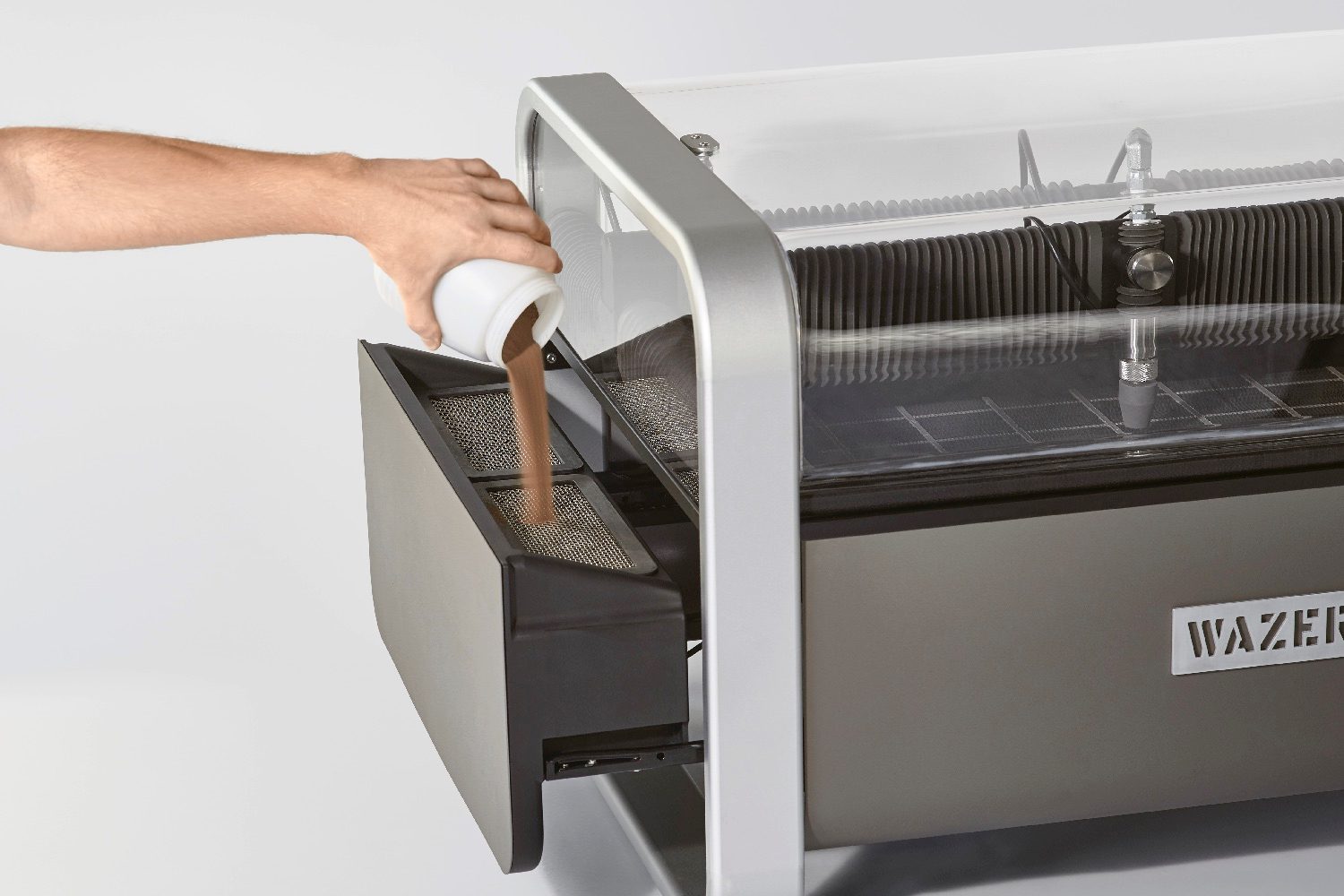 wazer waterjet cutter kickstarter abrasive being poured in
