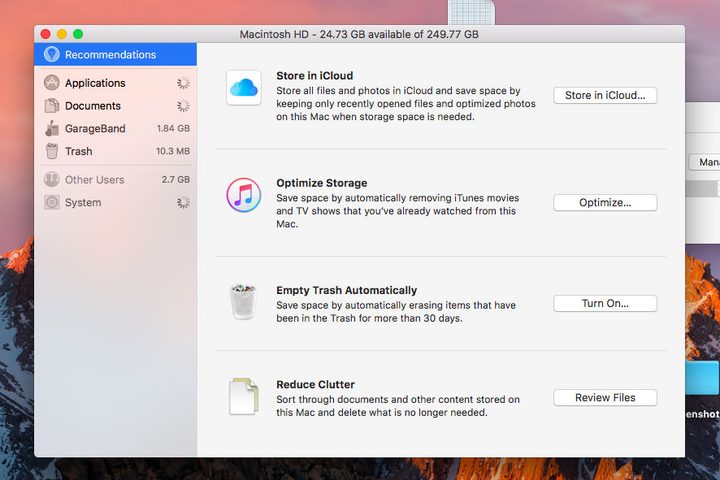 MacOS Sierra Optimized Storage Menu
