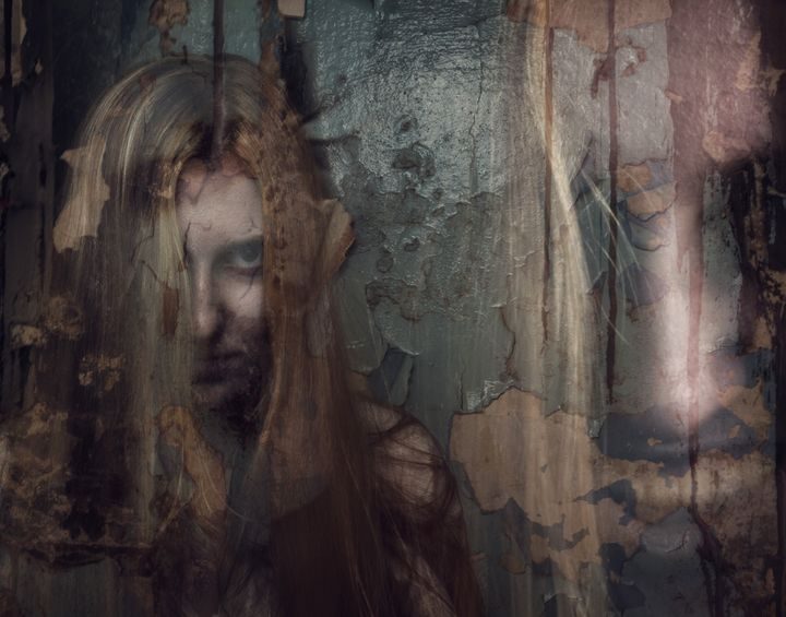 15725867 - double exposure of ghost girl in abandoned building