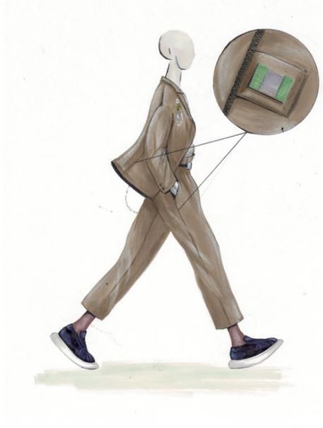 Stampd sketch depicting the tracking chip sewn into the blazer and pants.