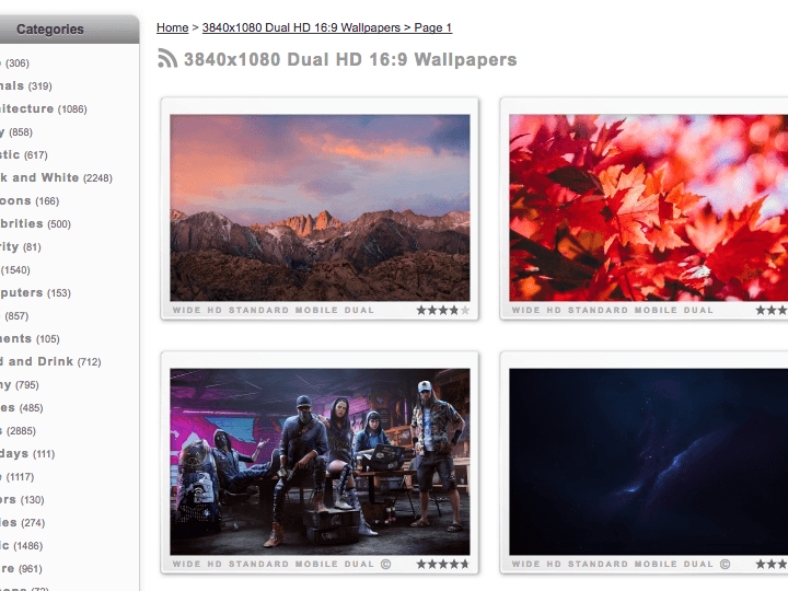 Wallpapers Wide website screenshot showing thumbnail images of four 3840x1080 dual HD 16:9 aspect ratio wallpapers.
