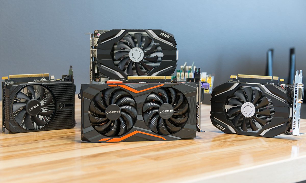 A collection of Nvidia GTX 1050 Ti graphics cards.