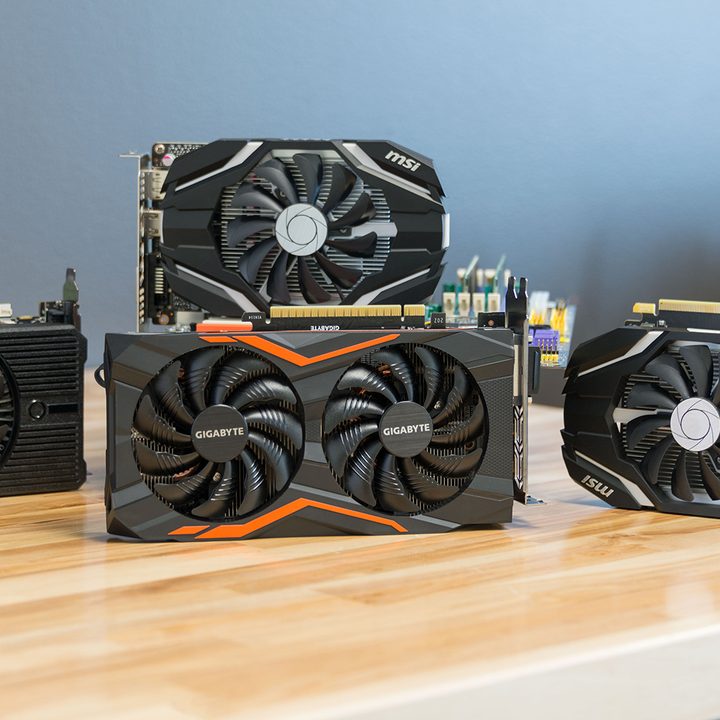 A collection of Nvidia GTX 1050 Ti graphics cards.