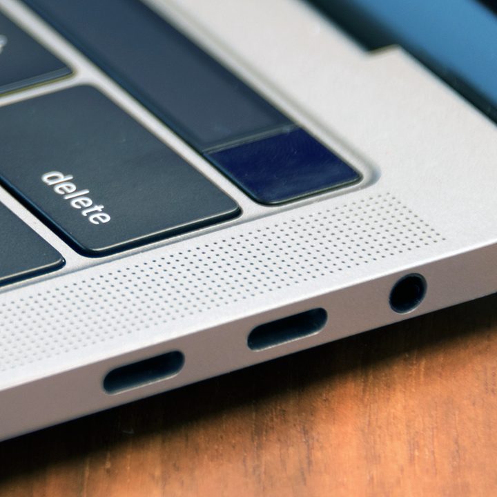 Close up of ports on a 2016 MacBook Pro.