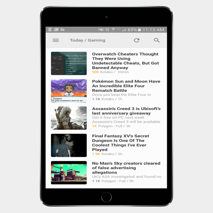 A gaming RSS feed displayed on a tablet screen.