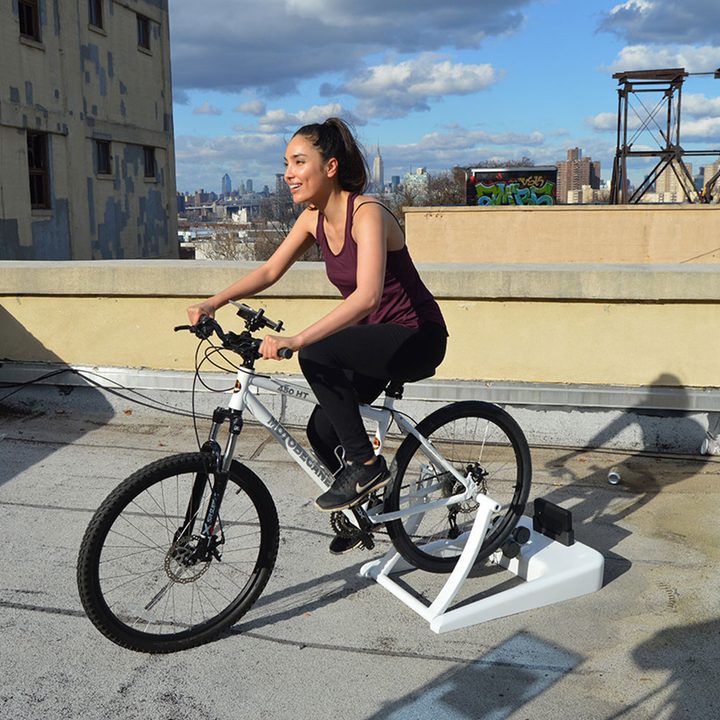 A person training on a stationary bike.