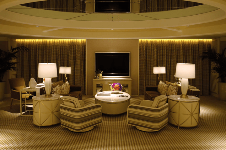 A mockup of a Wynn suite outfit with an Amazon Echo — hint, it's on the left end table.