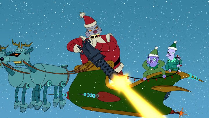 Santabot firing a gun aboard his sleigh in "Futurama."