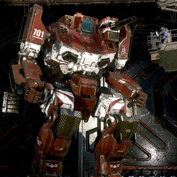 A giant red mech in MechWarrior 5.