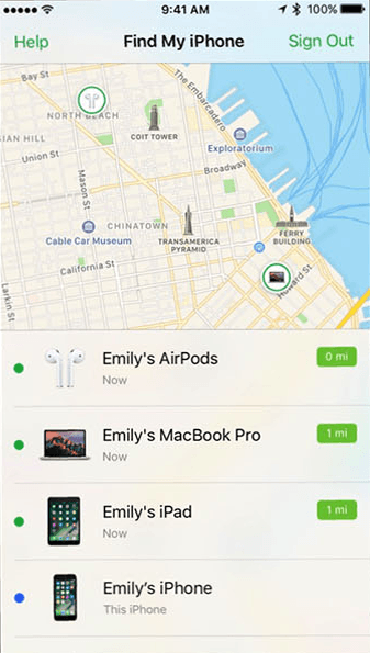 Screenshot of Find My function in iOS.