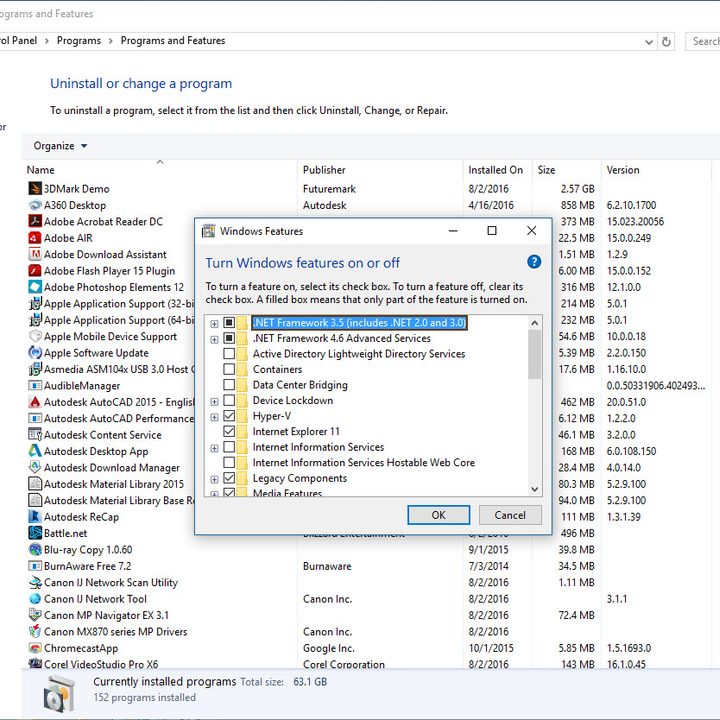 Tool for turning Windows features on or off.