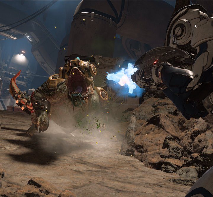 A space soldier shooting a rampaging alien.