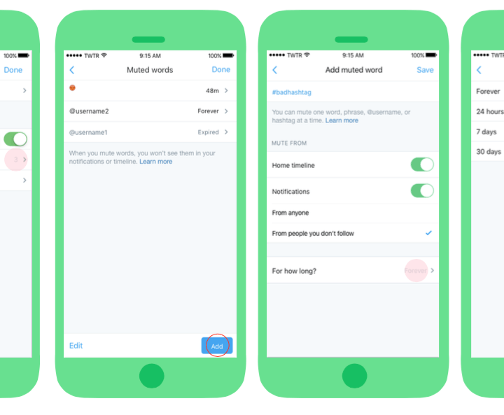 Four phone screens showing the Muted words feature on Twitter.