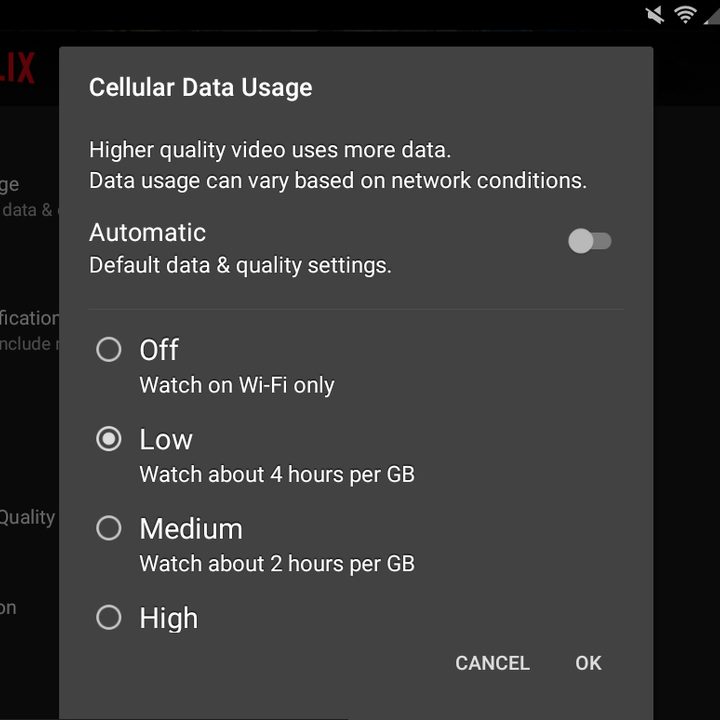 Data usage screen in the Netflix app.