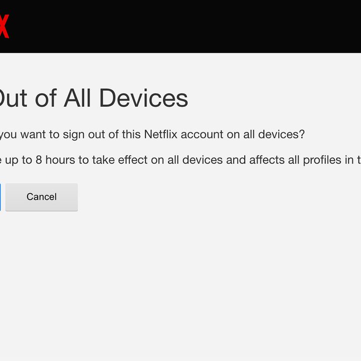 The Sign Out of All Devices screen on the Netflix app.