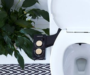 A bidet dial beside a toilet and decorative plant.