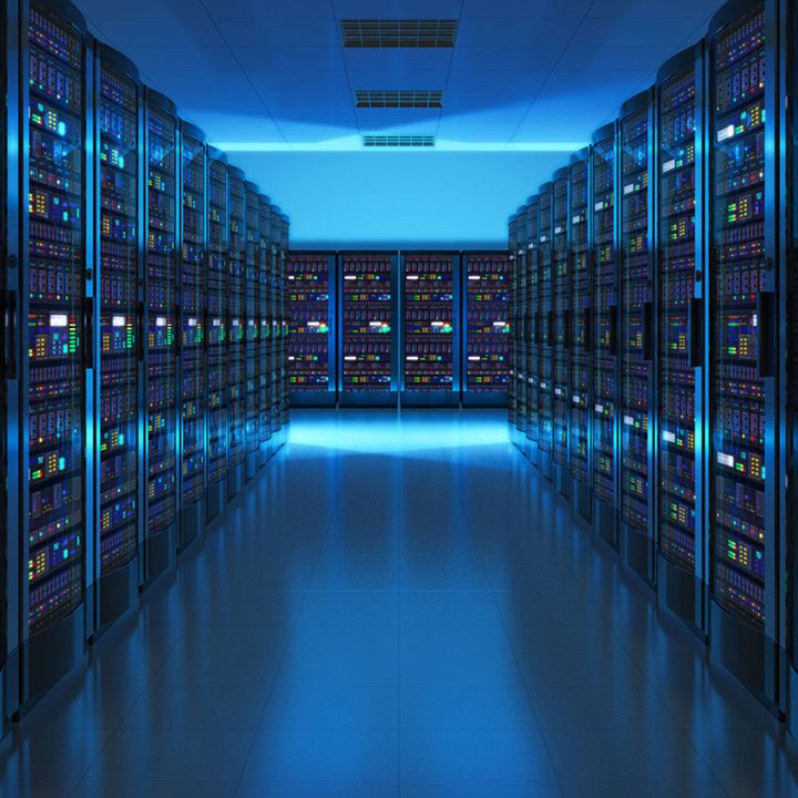 A view inside a dark data center.