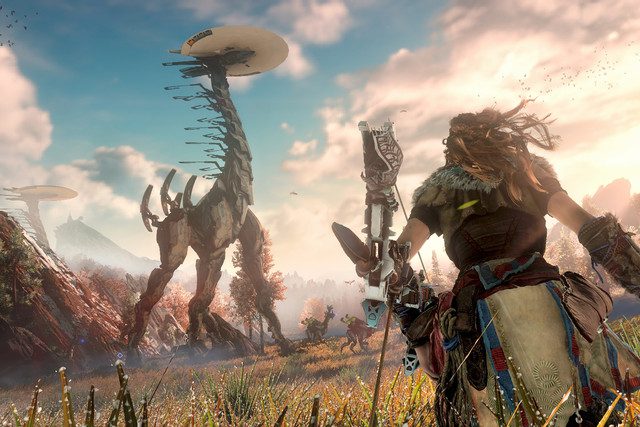 Aloy approaching a tallneck.