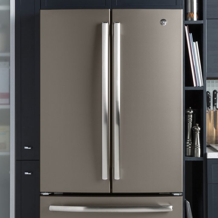 The GE French Door GNE25JMKES fridge in a kitchen.