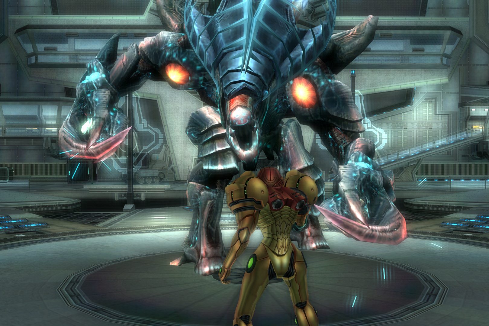 Samus fighting an alien.