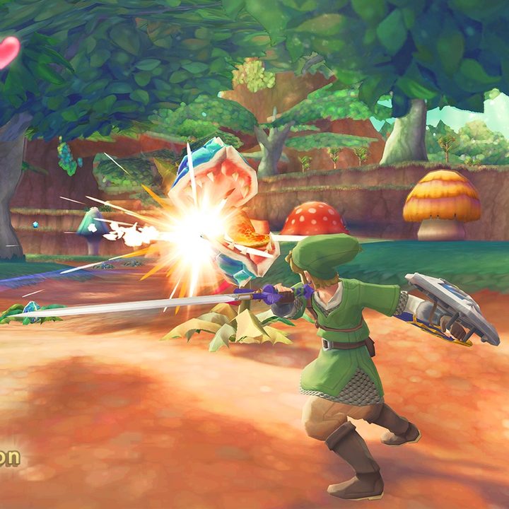 Link slashing an enemy in the woods.