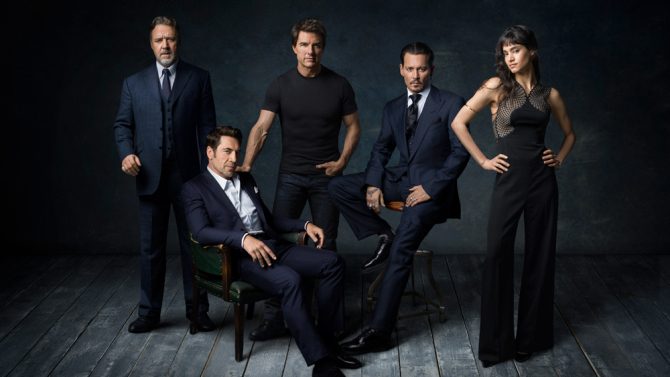 Russell Crowe, Javier Bardem, Tom Cruise, Johnny Depp, and Sofia Boutella pose for the infamous publicity still promoting Universal's aborted Dark Universe franchise