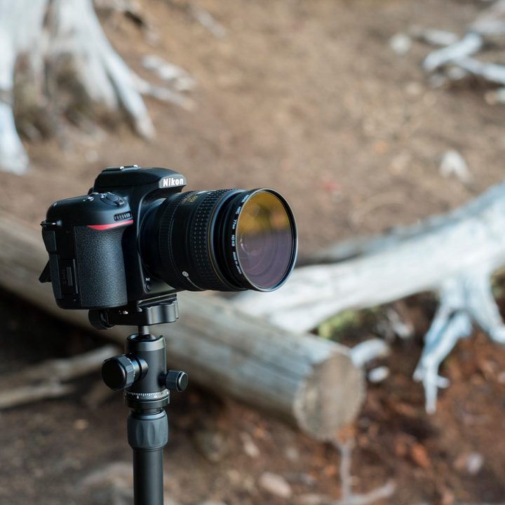 Front side of the D7500 angled to the right sitting on a tripod