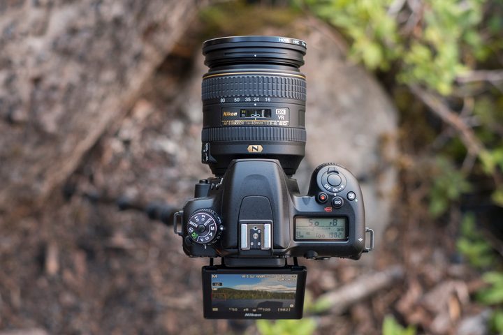 Top view of the D7500 on a tripod, with the screen extended out