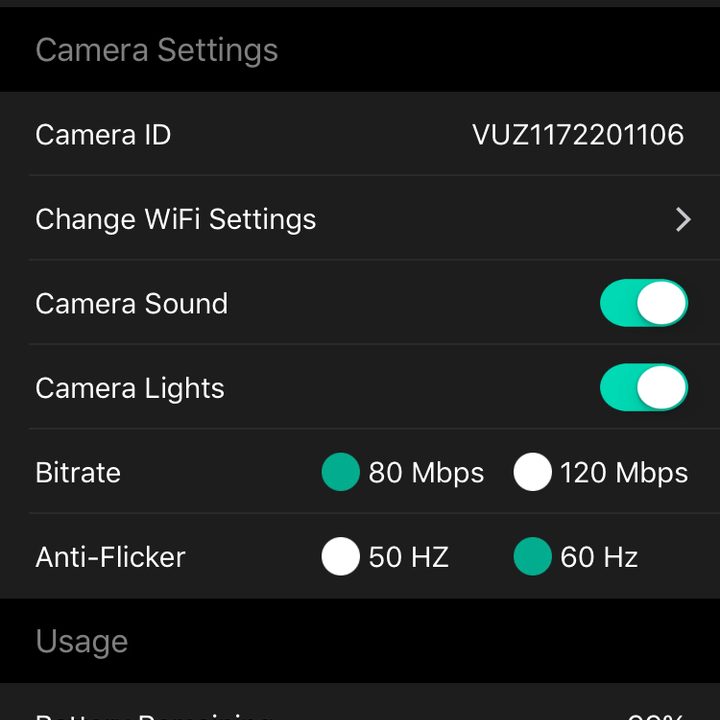 Vuze Camera iPhone app settings