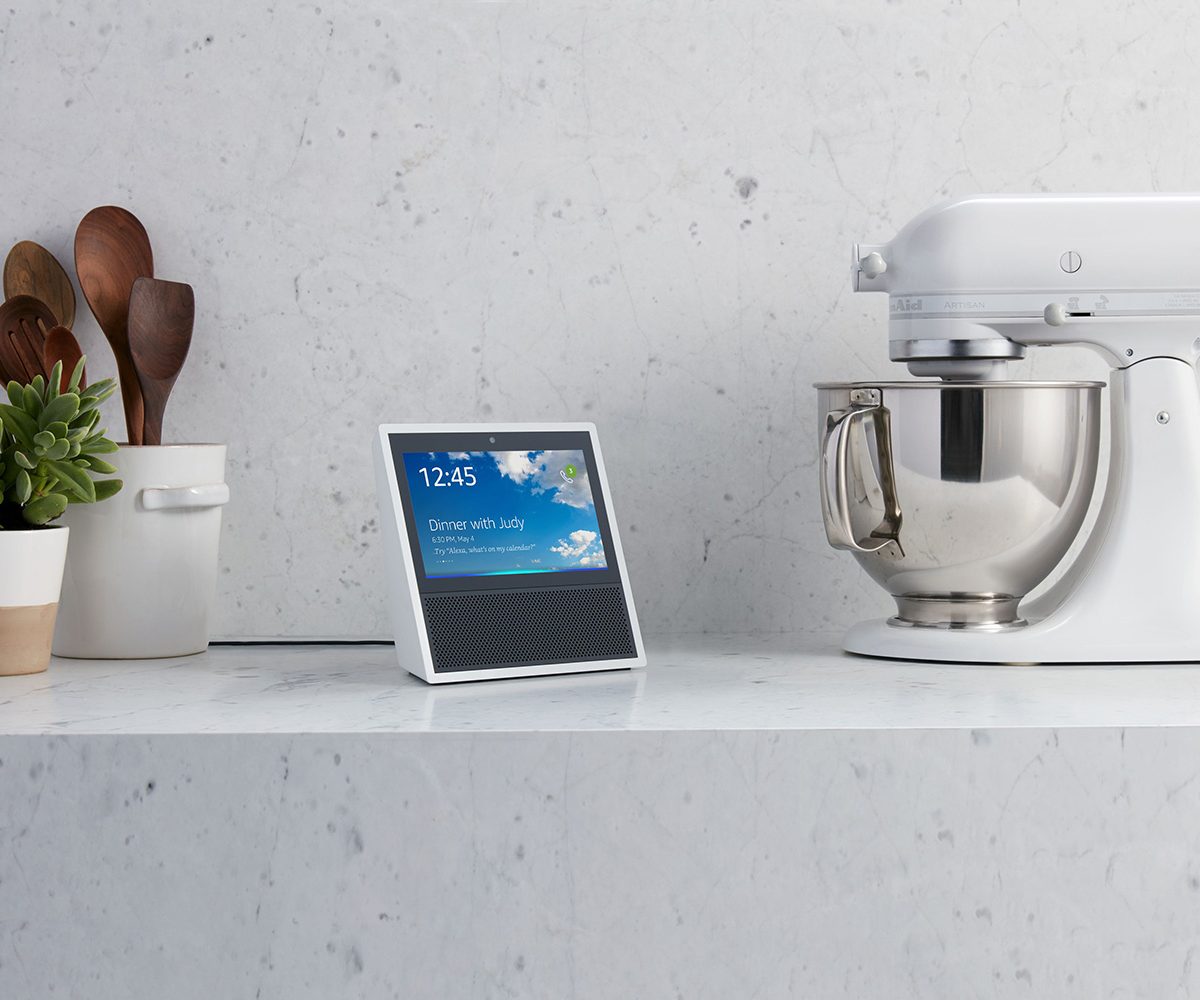 amazon echo show on white marble counter