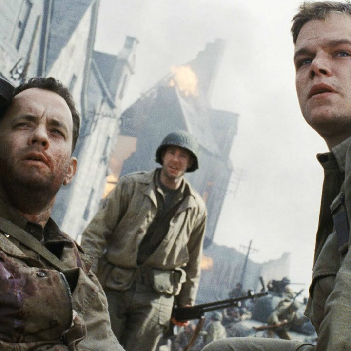 Three soldiers look determined in Saving Private Ryan.